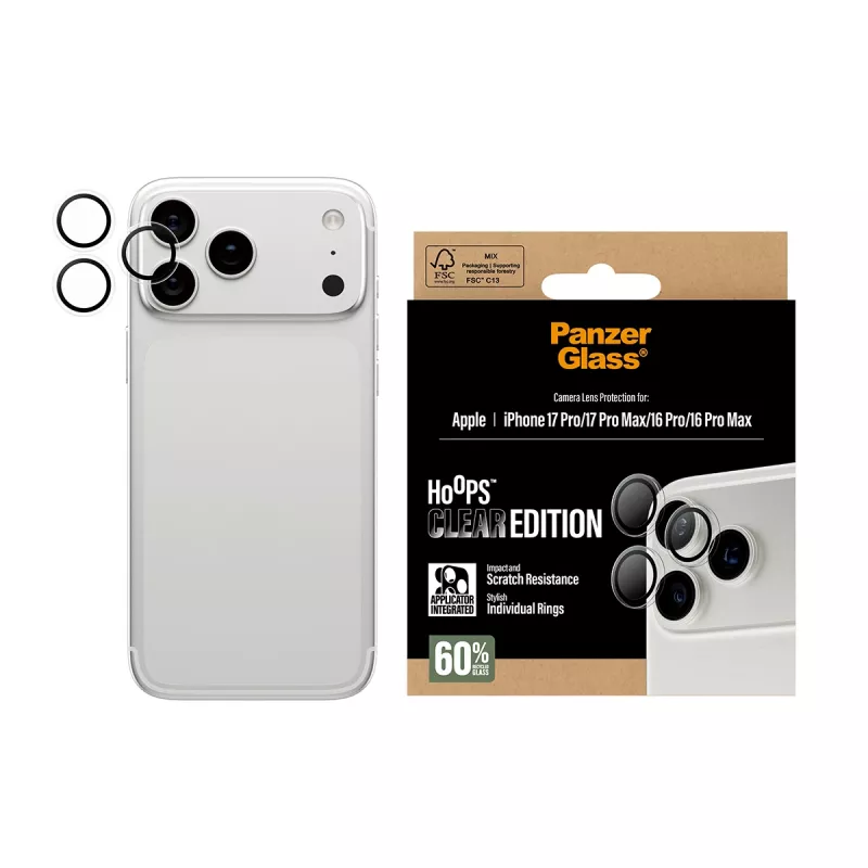 Ochrona obiektywu aparatu PanzerGlass Hoops Transparent dla iPhone 17 Pro / 17 Pro Max / 16 Pro / 16 Pro Max, szkło hartowane, silikon, 1 szt.