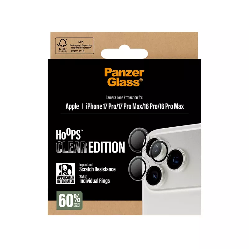 Ochrona obiektywu aparatu PanzerGlass Hoops Transparent dla iPhone 17 Pro / 17 Pro Max / 16 Pro / 16 Pro Max, szkło hartowane, silikon, 1 szt.