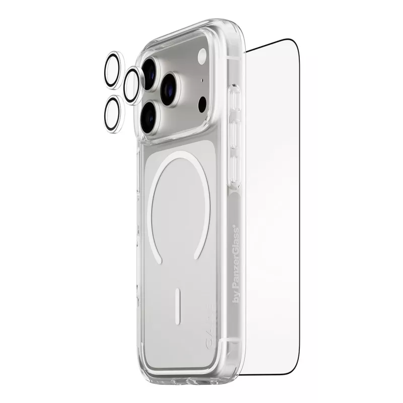 Zestaw ochronny na ekran PanzerGlass CARE 3-in-1 Flagship Explorer dla iPhone 17 Pro — szkło hartowane, PET, silikon, przezroczysty