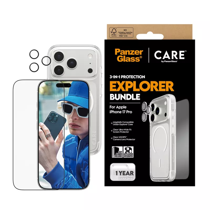 Zestaw ochronny na ekran PanzerGlass CARE 3-in-1 Flagship Explorer dla iPhone 17 Pro — szkło hartowane, PET, silikon, przezroczysty