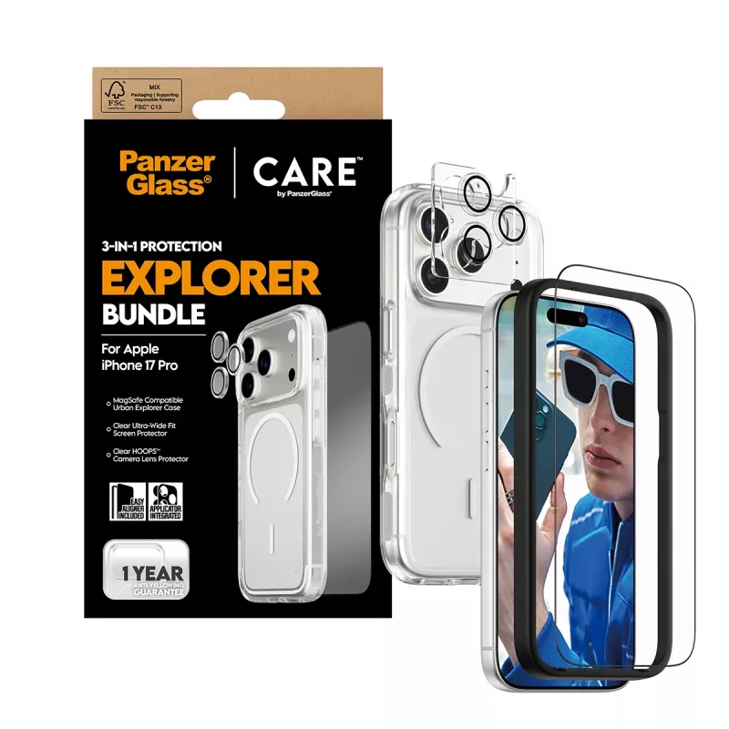 Zestaw ochronny na ekran PanzerGlass CARE 3-in-1 Flagship Explorer dla iPhone 17 Pro — szkło hartowane, PET, silikon, przezroczysty