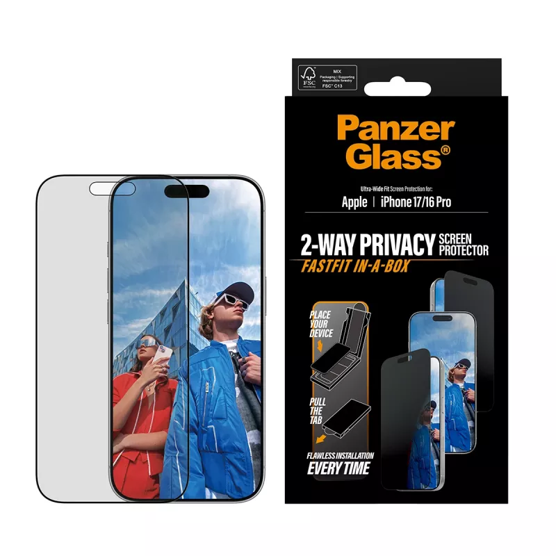 Folia ochronna prywatyzująca PanzerGlass do iPhone 17 / iPhone 16 Pro — Ultra-Wide Fit, szkło hartowane + PET, FASTFIT