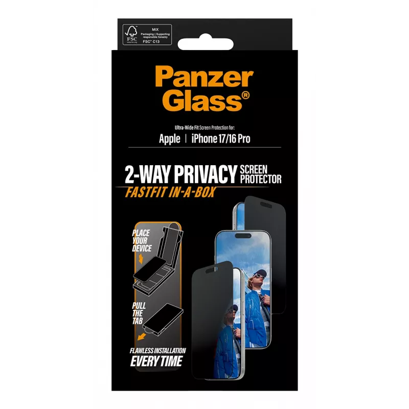 Folia ochronna prywatyzująca PanzerGlass do iPhone 17 / iPhone 16 Pro — Ultra-Wide Fit, szkło hartowane + PET, FASTFIT