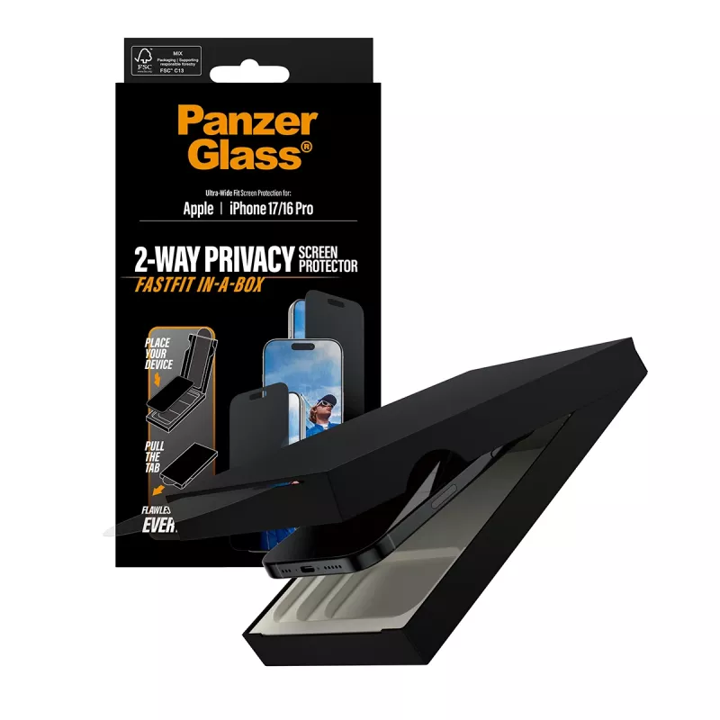 Folia ochronna prywatyzująca PanzerGlass do iPhone 17 / iPhone 16 Pro — Ultra-Wide Fit, szkło hartowane + PET, FASTFIT