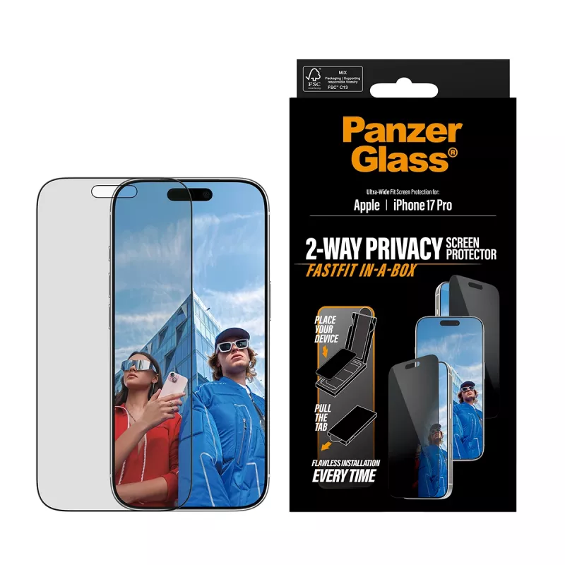 PanzerGlass 2-Way Privacy do iPhone 17 Pro — Ultra-Wide Fit, szkło hartowane, filtr prywatyzujący, FASTFIT