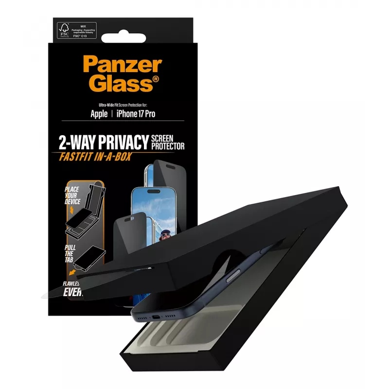 PanzerGlass 2-Way Privacy do iPhone 17 Pro — Ultra-Wide Fit, szkło hartowane, filtr prywatyzujący, FASTFIT