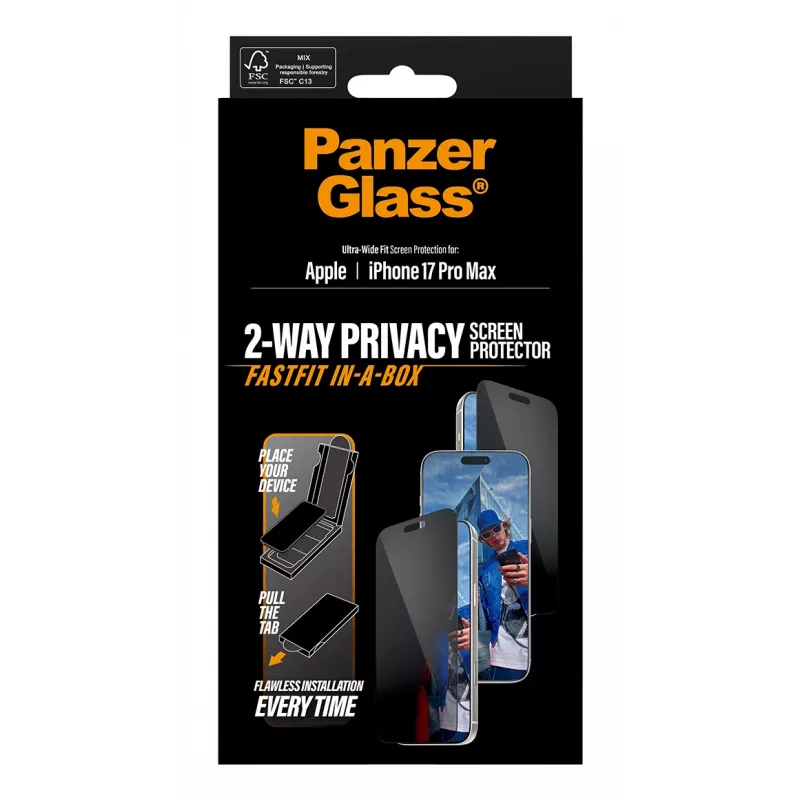 PanzerGlass 2-Way Privacy na iPhone 17 Pro Max — szkło hartowane, Ultra-Wide Fit, FASTFIT