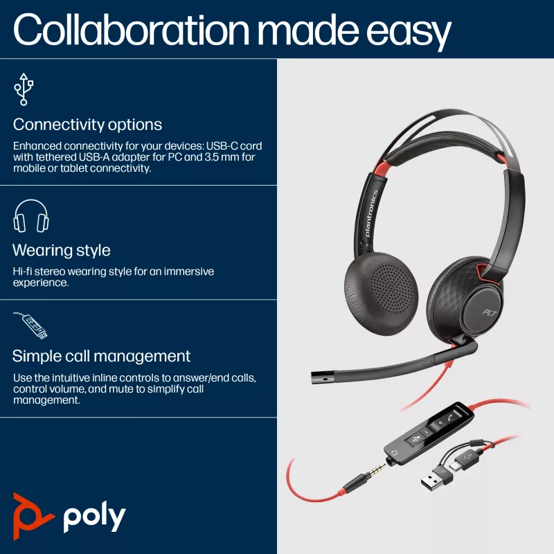 HP Poly Blackwire 5220 Zestaw słuchawkowy stereo USB-C + wtyk 3,5 mm + adapter USB-C/A