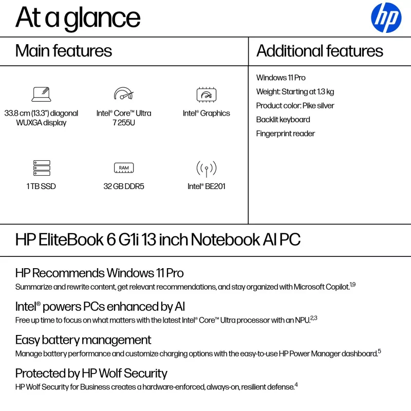 HP EliteBook 6 G1i AI PC Intel Core Ultra 7 255U Laptop 33,8 cm (13,3 cala) WUXGA 32 GB DDR5-SDRAM Wi-Fi 7 (802.11be) Windows 11 Pro Srebrny