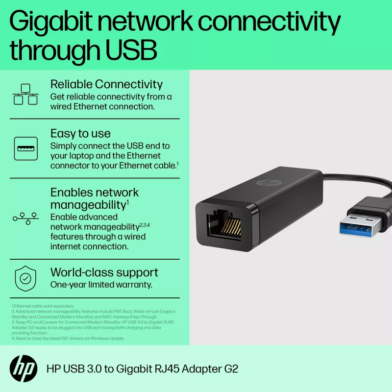 HP USB 3.0 na Gigabit RJ45 Adapter G2, przewodowy, USB, Ethernet, czarny