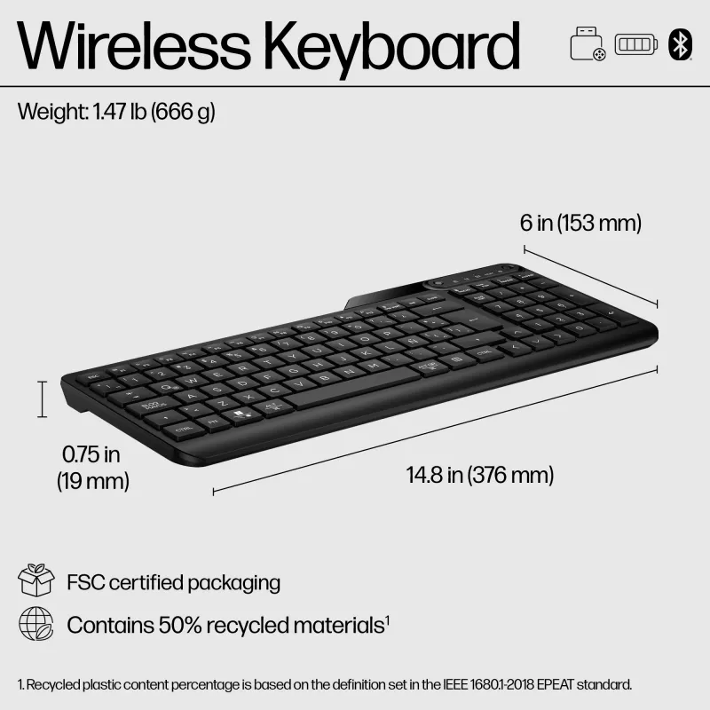 Klawiatura bezprzewodowa HP 475 Dual-Mode, pełnowymiarowa (100%), bezprzewodowa, RF + Bluetooth, membranowa, czarna