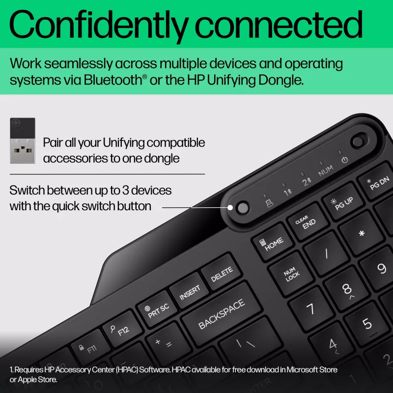Klawiatura bezprzewodowa HP 475 Dual-Mode, pełnowymiarowa (100%), bezprzewodowa, RF + Bluetooth, membranowa, czarna
