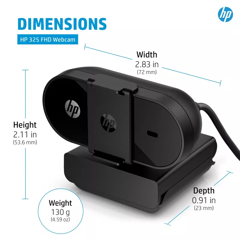 HP 325 FHD Kamera internetowa, Biznesowa, Windows 10, Windows 11, MacOS, 72 mm, 53,6 mm, 53,2 mm