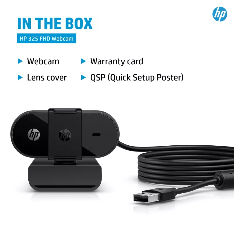 HP 325 FHD Kamera internetowa, Biznesowa, Windows 10, Windows 11, MacOS, 72 mm, 53,6 mm, 53,2 mm