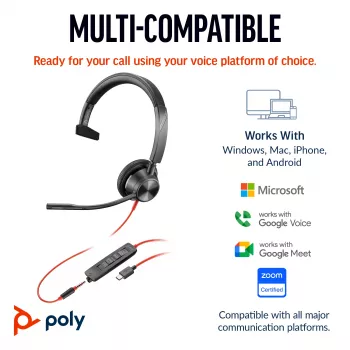 HP Poly Czarnywire 3315 Monaural Microsoft Teams Certified USB-C Headset +3.5mm Plug +USB-C/A Adapter