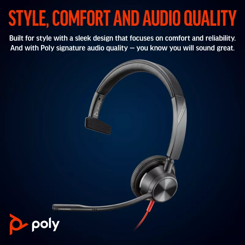 HP Poly Czarnywire 3315 Monaural Microsoft Teams Certified USB-C Headset +3.5mm Plug +USB-C/A Adapter