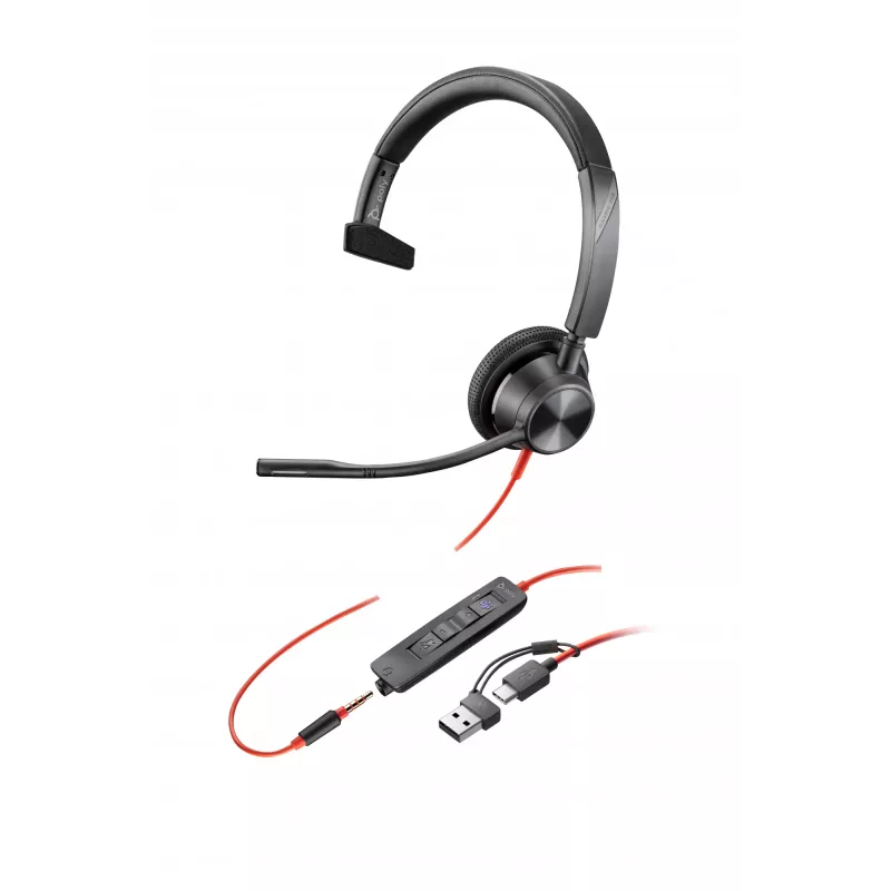 HP Poly Czarnywire 3315 Monaural Microsoft Teams Certified USB-C Headset +3.5mm Plug +USB-C/A Adapter