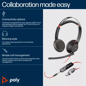 HP Poly Blackwire 5220 Stereo USB-C Headset +3.5mm Plug +USB-C/A Adapter (Bulk)