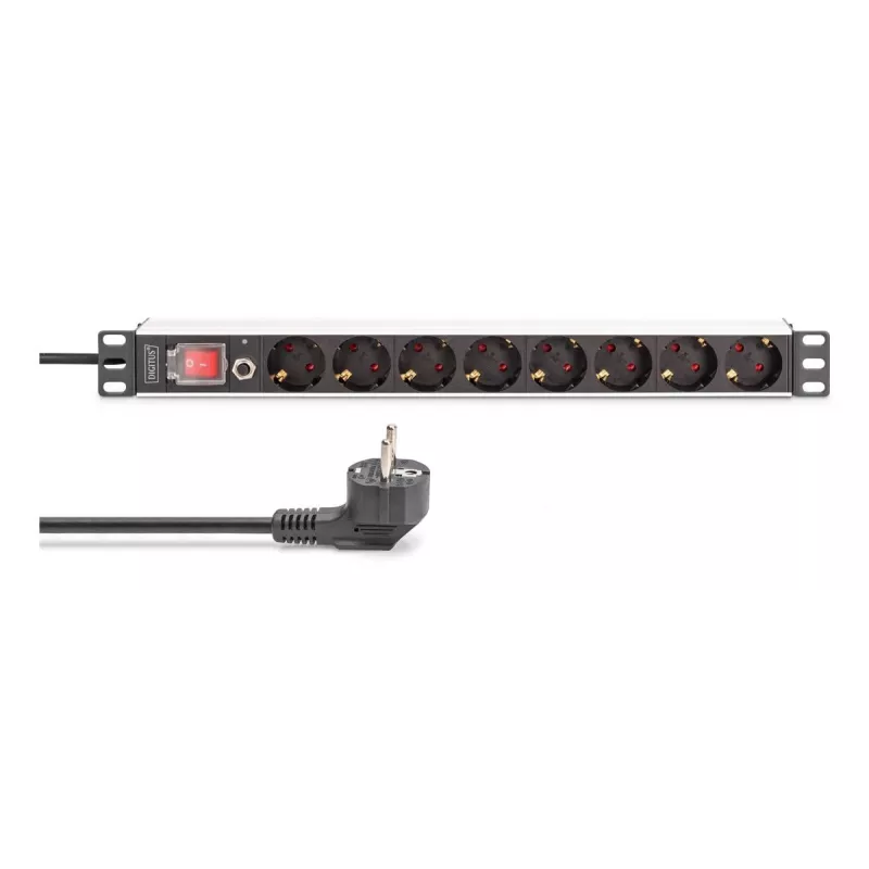 DIGITUS PDU - 1U aluminiowa listwa zasilająca do montażu w szafie rack 7x bezpieczeństwo + 1x gniazdo 16A 4000W 250VAC 50/60Hz ochrona przeciążeniowa