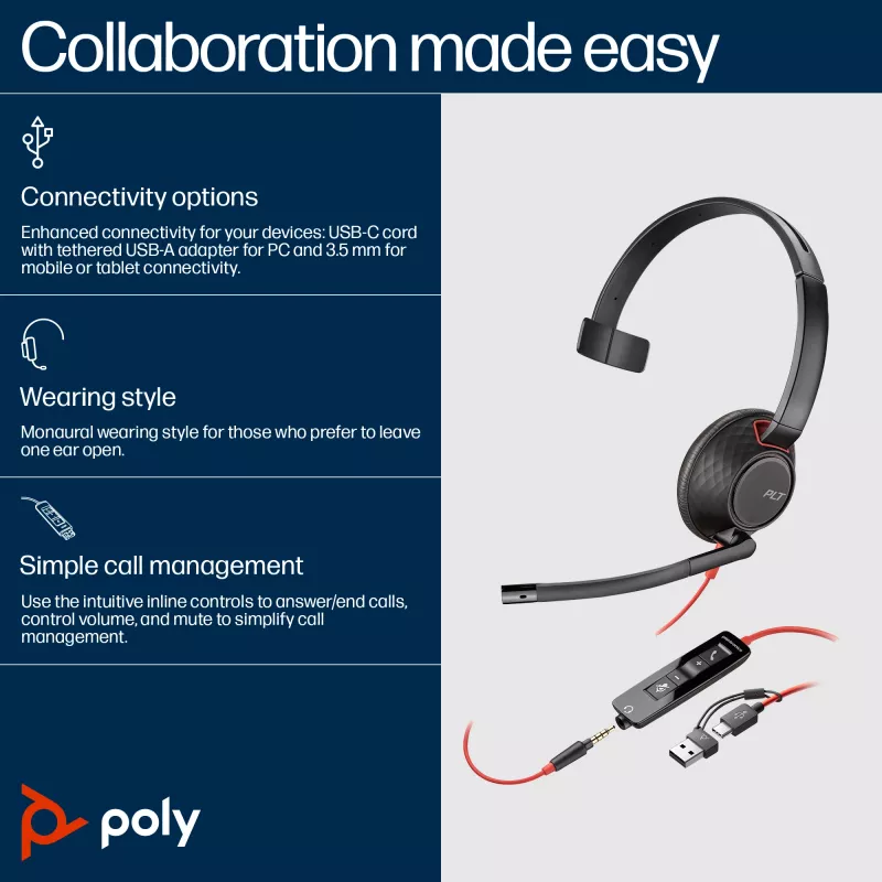 HP Poly Blackwire 5210 Jednosłuchawkowy zestaw słuchawkowy USB-C + wtyk 3,5 mm + adapter USB-C/A (hurt)