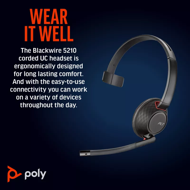 HP Poly Blackwire 5210 Jednosłuchawkowy zestaw słuchawkowy USB-C + wtyk 3,5 mm + adapter USB-C/A (hurt)