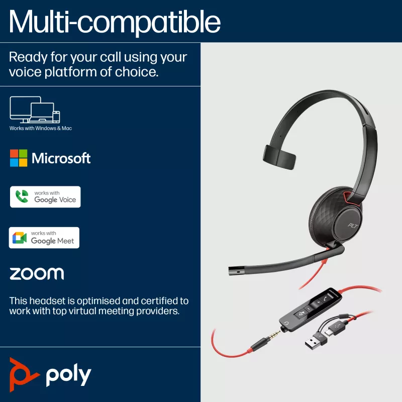 HP Poly Blackwire 5210 Jednosłuchawkowy zestaw słuchawkowy USB-C + wtyk 3,5 mm + adapter USB-C/A (hurt)