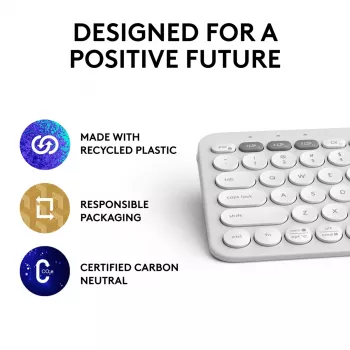 Kompaktowa mini klawiatura Logitech Pebble Keys 2 K380s — RF Wireless + Bluetooth, QWERTY US International, biała