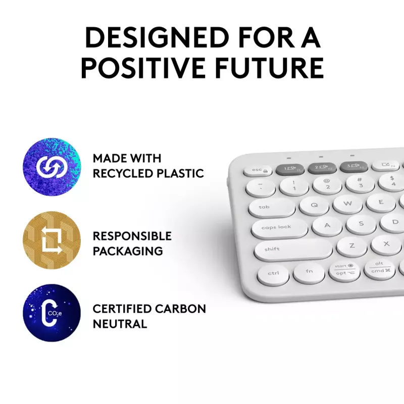 Kompaktowa mini klawiatura Logitech Pebble Keys 2 K380s — RF Wireless + Bluetooth, QWERTY US International, biała