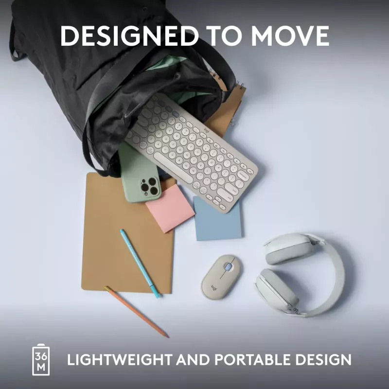 Kompaktowa mini klawiatura Logitech Pebble Keys 2 K380s — RF Wireless + Bluetooth, QWERTY US International, biała