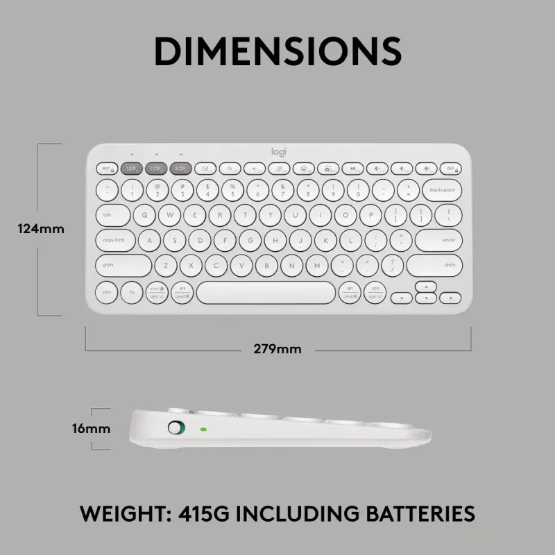 Kompaktowa mini klawiatura Logitech Pebble Keys 2 K380s — RF Wireless + Bluetooth, QWERTY US International, biała