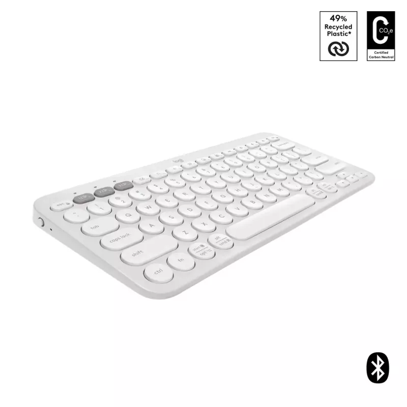 Kompaktowa mini klawiatura Logitech Pebble Keys 2 K380s — RF Wireless + Bluetooth, QWERTY US International, biała