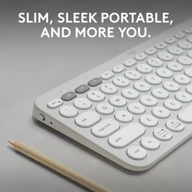 Kompaktowa mini klawiatura Logitech Pebble Keys 2 K380s — RF Wireless + Bluetooth, QWERTY US International, biała