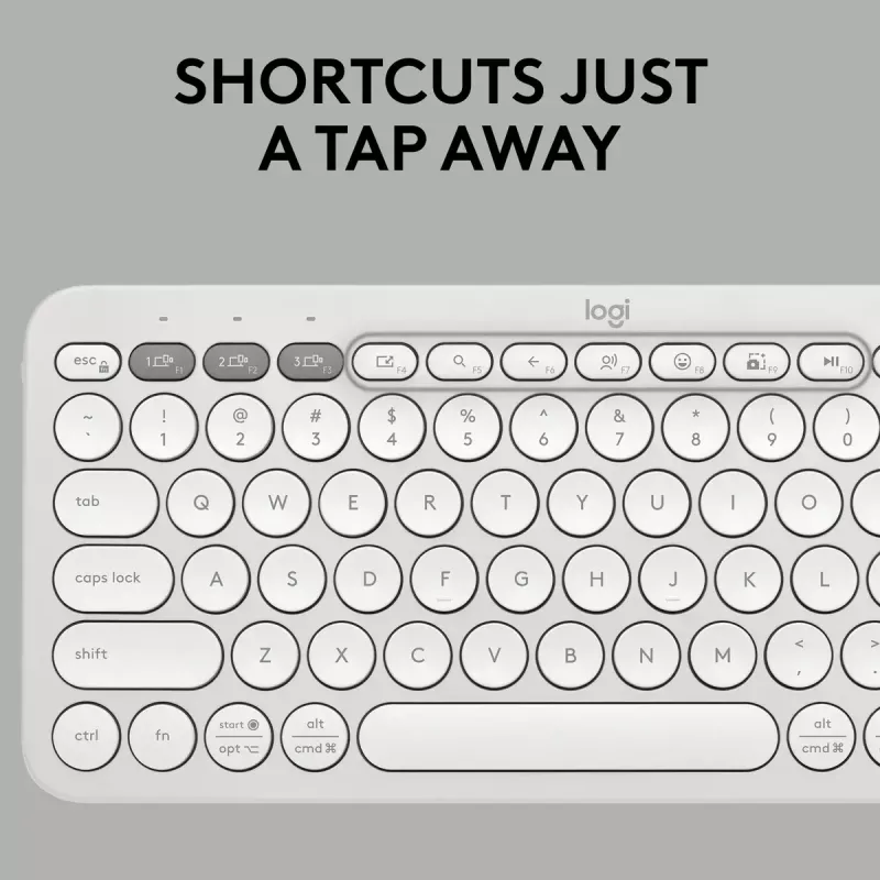 Kompaktowa mini klawiatura Logitech Pebble Keys 2 K380s — RF Wireless + Bluetooth, QWERTY US International, biała