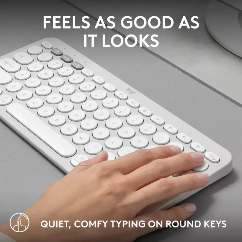 Kompaktowa mini klawiatura Logitech Pebble Keys 2 K380s — RF Wireless + Bluetooth, QWERTY US International, biała