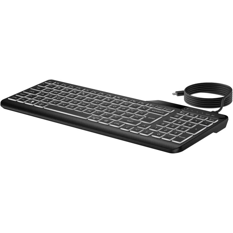 Klawiatura przewodowa HP 405 z podświetleniem, dla wielu urządzeń, pełnowymiarowa (100%), przewodowa, USB, membranowa, QWERTY, czarna
