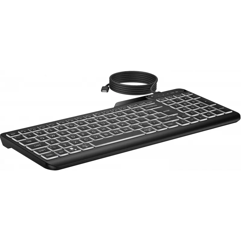 Klawiatura przewodowa HP 405 z podświetleniem, dla wielu urządzeń, pełnowymiarowa (100%), przewodowa, USB, membranowa, QWERTY, czarna