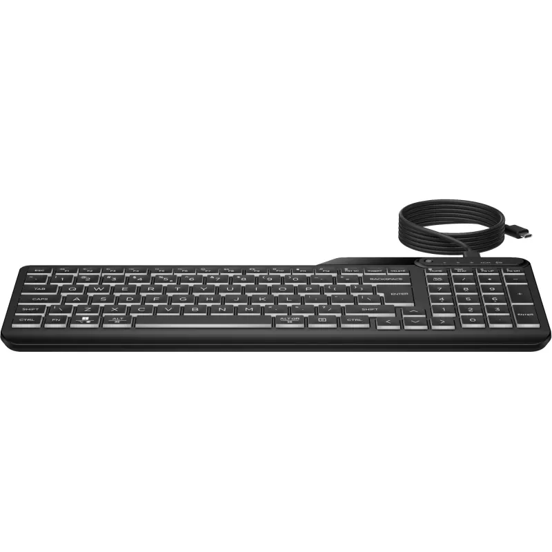 Klawiatura przewodowa HP 405 z podświetleniem, dla wielu urządzeń, pełnowymiarowa (100%), przewodowa, USB, membranowa, QWERTY, czarna