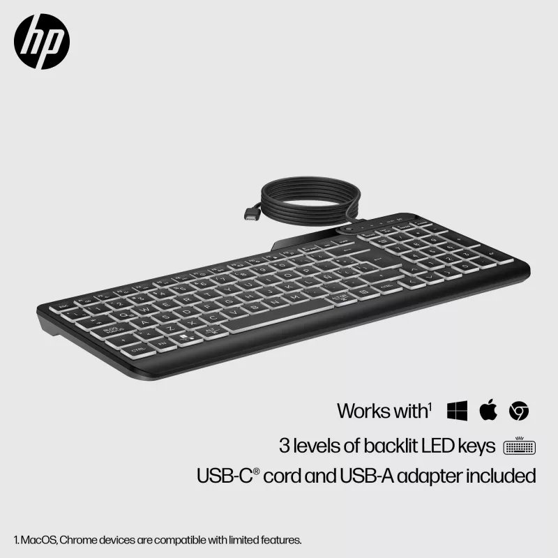 Klawiatura przewodowa HP 405 z podświetleniem, dla wielu urządzeń, pełnowymiarowa (100%), przewodowa, USB, membranowa, QWERTY, czarna