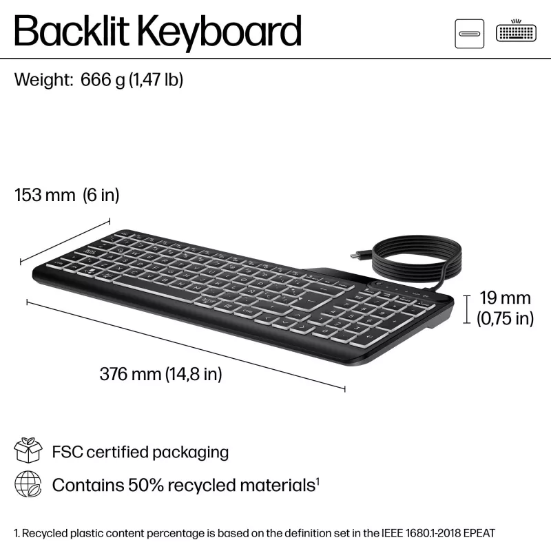 Klawiatura przewodowa HP 405 z podświetleniem, dla wielu urządzeń, pełnowymiarowa (100%), przewodowa, USB, membranowa, QWERTY, czarna