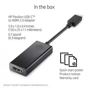 HP USB-C na HDMI 2.0 Czarny Szerokość 111,2 mm Głębokość 44,2 mm Wysokość 17,1 mm