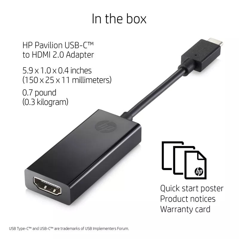 HP USB-C na HDMI 2.0 Czarny Szerokość 111,2 mm Głębokość 44,2 mm Wysokość 17,1 mm