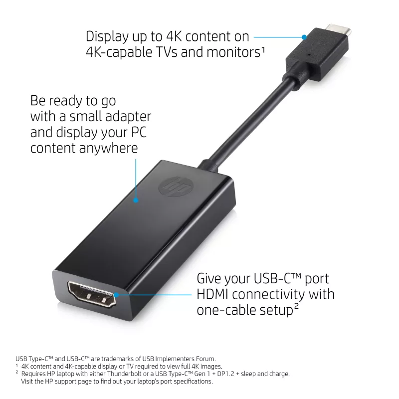 HP USB-C na HDMI 2.0 Czarny Szerokość 111,2 mm Głębokość 44,2 mm Wysokość 17,1 mm