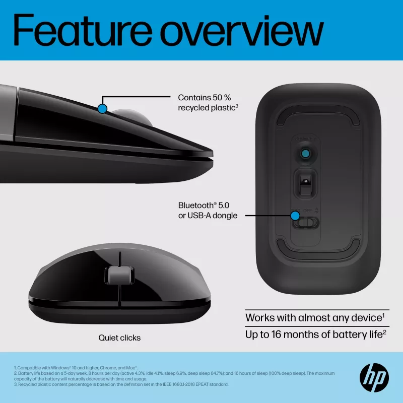 Mysz HP Z3700 Dual Silver, oburęczna, bezprzewodowa RF + Bluetooth, srebrna