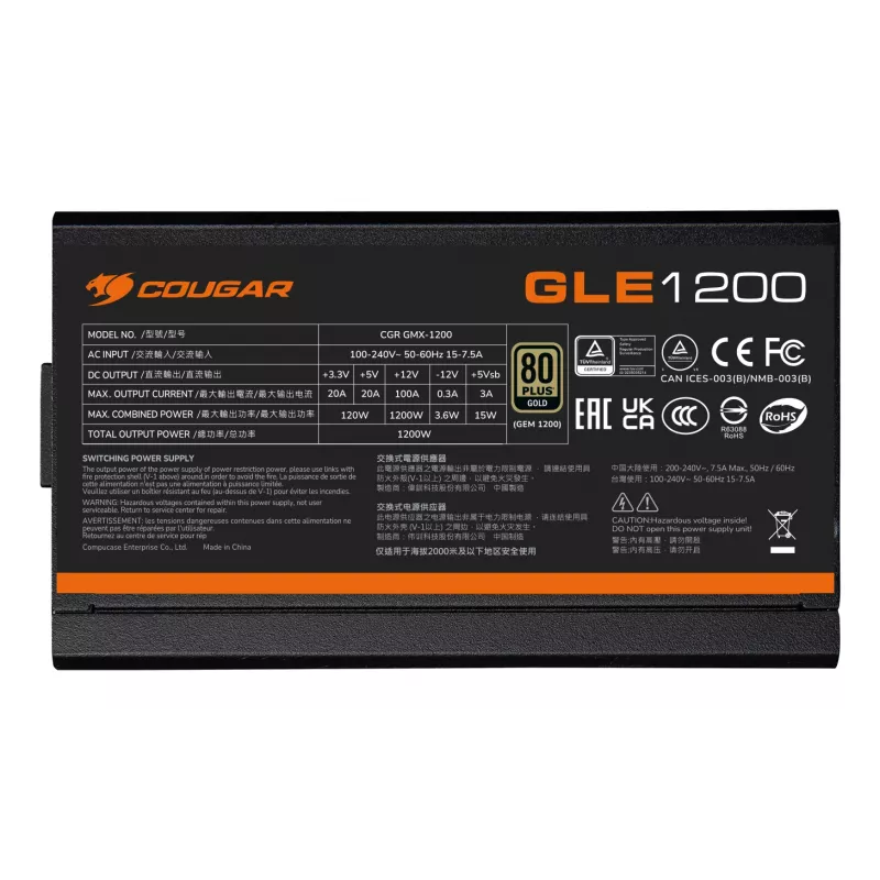 Zasilacz COUGAR GLE 1200W ATX3.1 / 80 Plus Gold, 1200 W, 100 - 240 V, 50/60 Hz, 15-7.5 A, 120 W, 1200 W