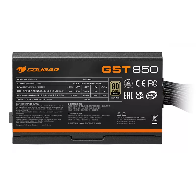 Zasilacz COUGAR GST 850W ATX3.1 / 80 Plus Gold, 850 W, 100 - 240 V, 50/60 Hz, 12 - 6 A, 120 W, 850 W