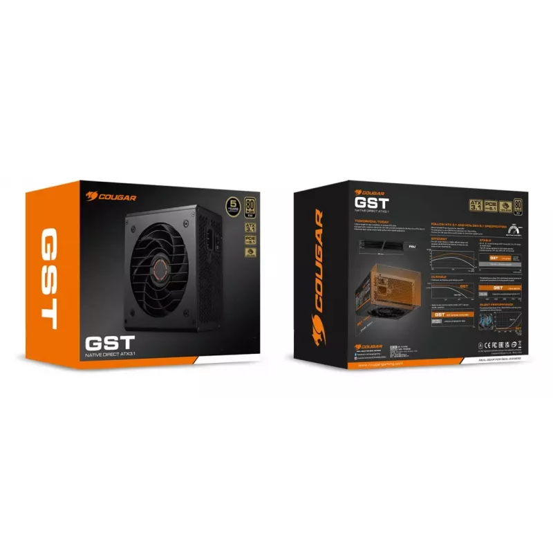 Zasilacz COUGAR GST 750W ATX3.1 / 80 Plus Gold, 750 W, 100 - 240 V, 50/60 Hz, 10 - 5 A, 120 W, 750 W