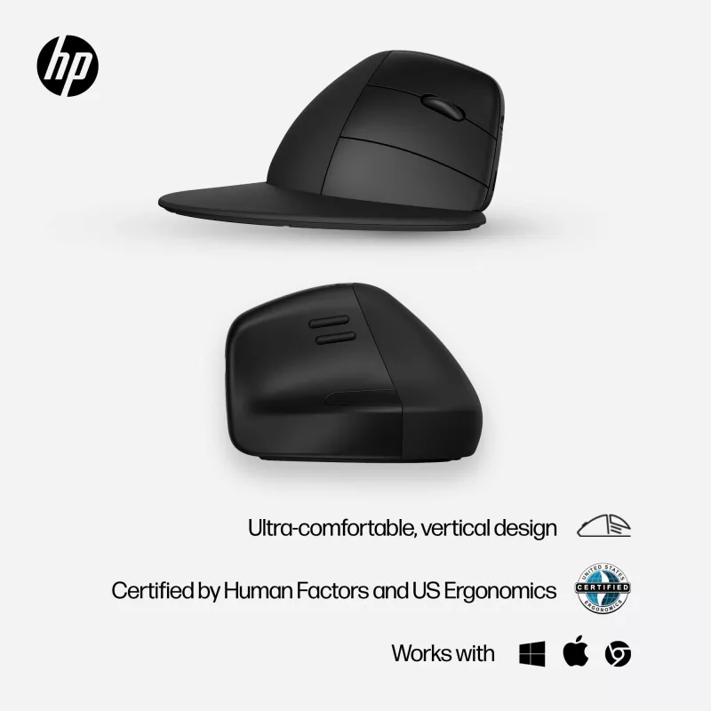Mysz bezprzewodowa ergonomiczna HP 920, praworęczna, konstrukcja pionowa, Bluetooth + USB Type-A, 4000 DPI, czarna