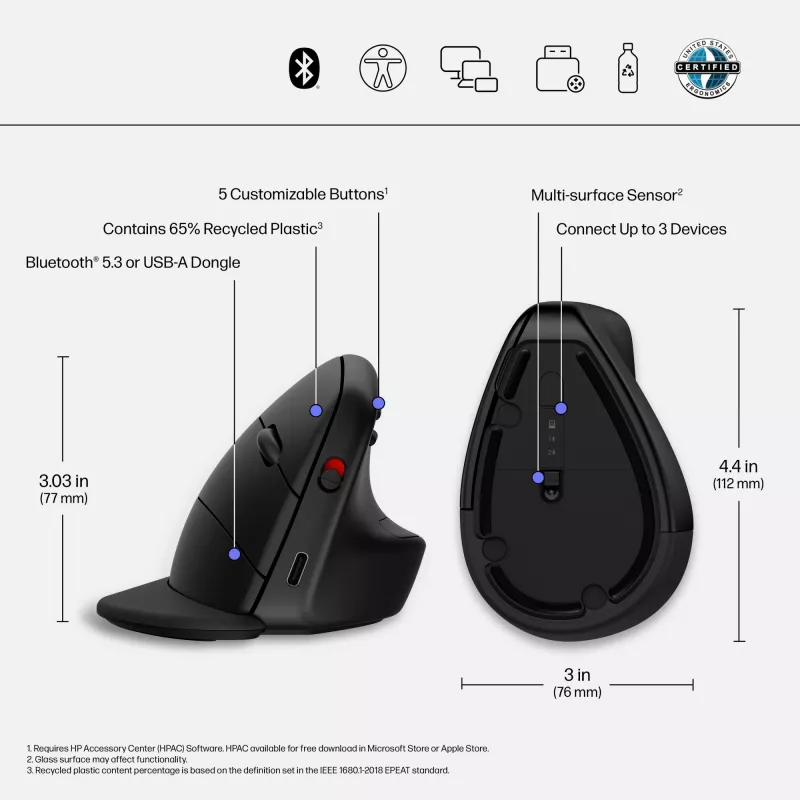 Mysz bezprzewodowa ergonomiczna HP 920, praworęczna, konstrukcja pionowa, Bluetooth + USB Type-A, 4000 DPI, czarna