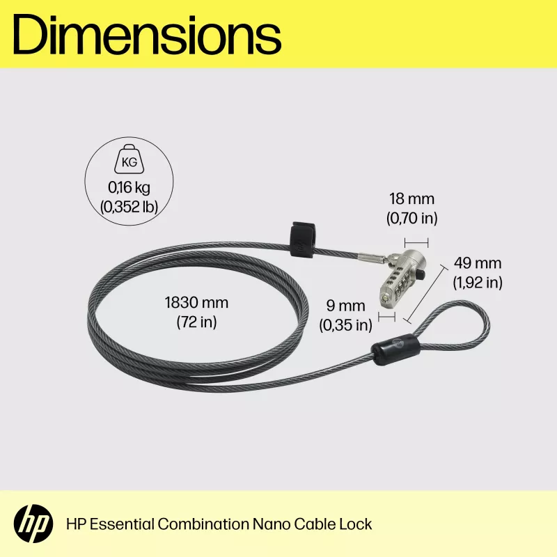 HP Essential Nano Combination kabel Lock, 1,83 m, Zamek szyfrowy, stal nierdzewna