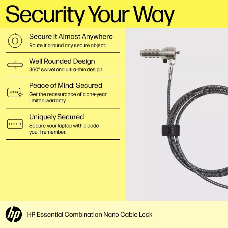HP Essential Nano Combination kabel Lock, 1,83 m, Zamek szyfrowy, stal nierdzewna